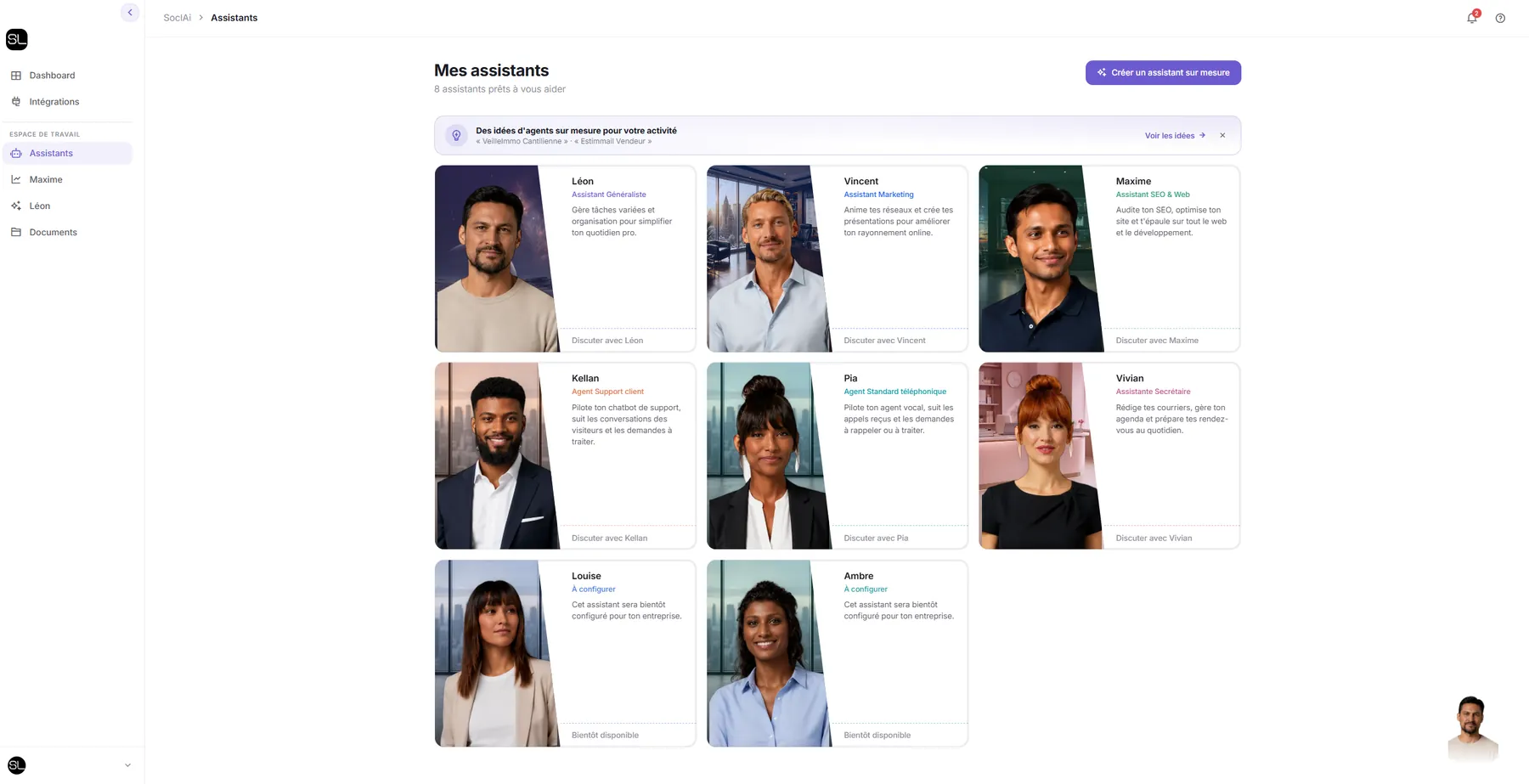 Tableau de bord Soclai : huit assistants, chacun avec son rôle et son bouton de discussion